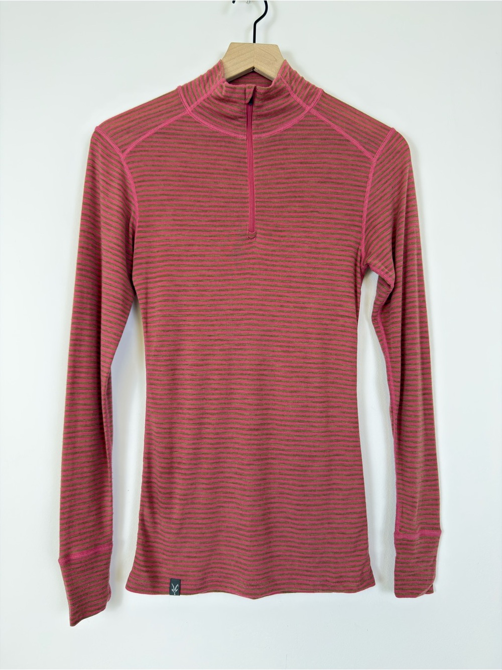 Ibex Woolies 1 Merino Wool Base Layer Quarter Zip Top Women’s Medium Pink Stripe